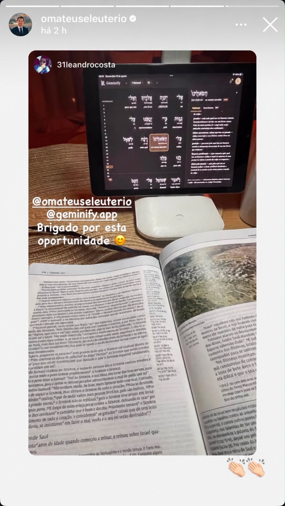 Story de um leitor mostrando o Geminify em uso ao lado de uma Bíblia aberta e agradecendo pela oportunidade.